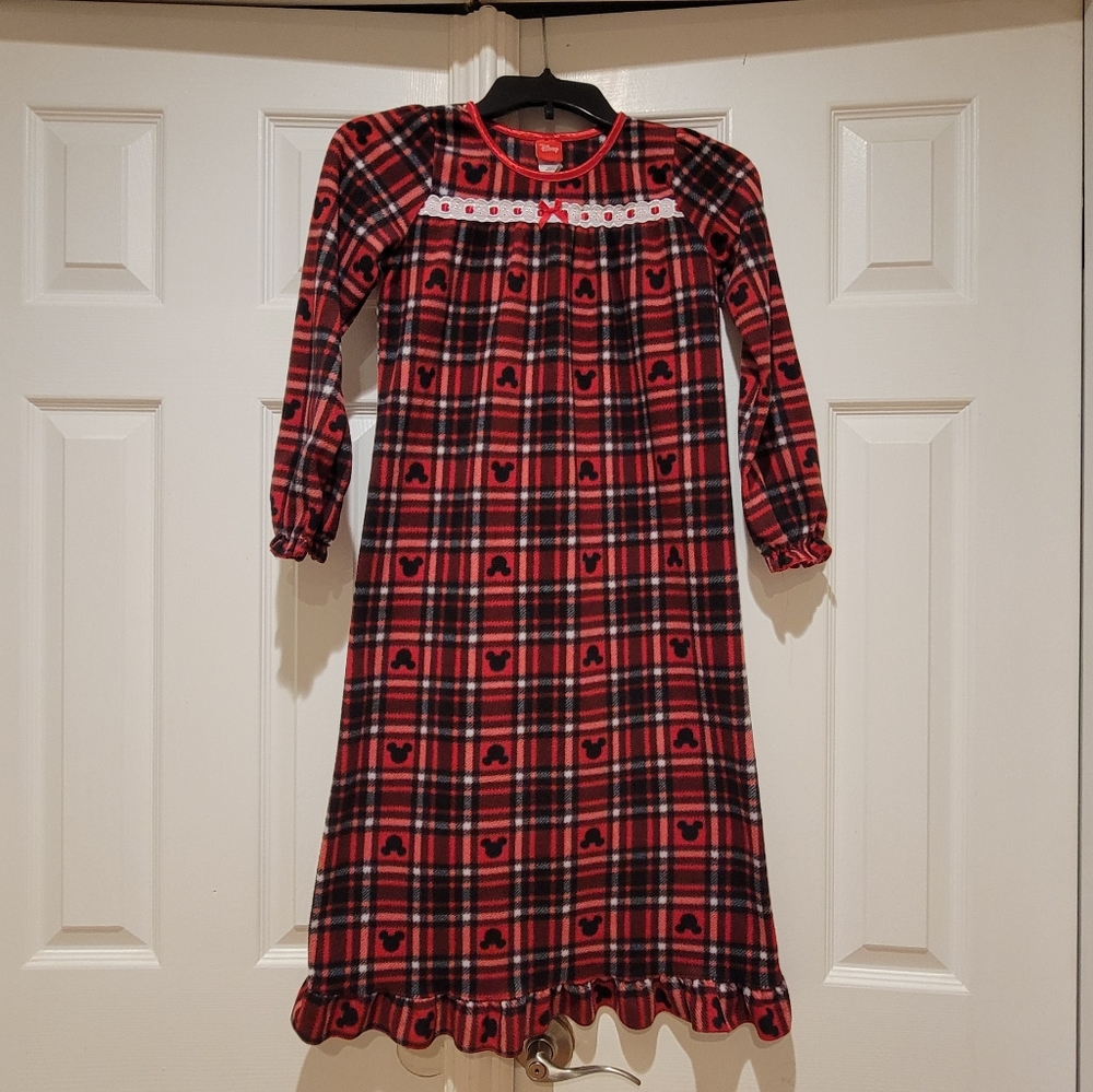 Disney Nightgown Ruffled Lace Bow Trim Mickey Mouse Buffalo Plaid Red Sleepwear